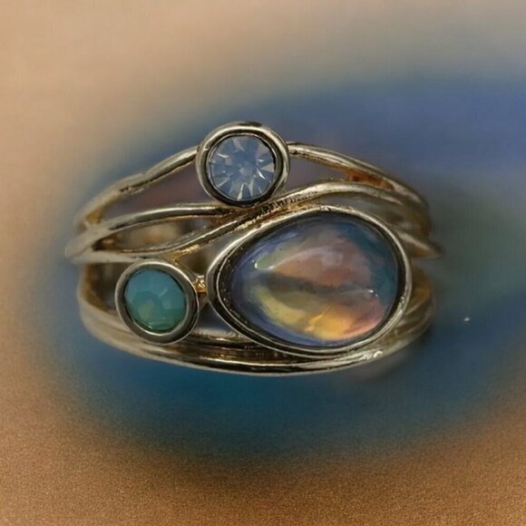 Turquoise Synthetic Three-Stone Ring, Gold Plated, Wide Statement Ring - Picture 4 of 8